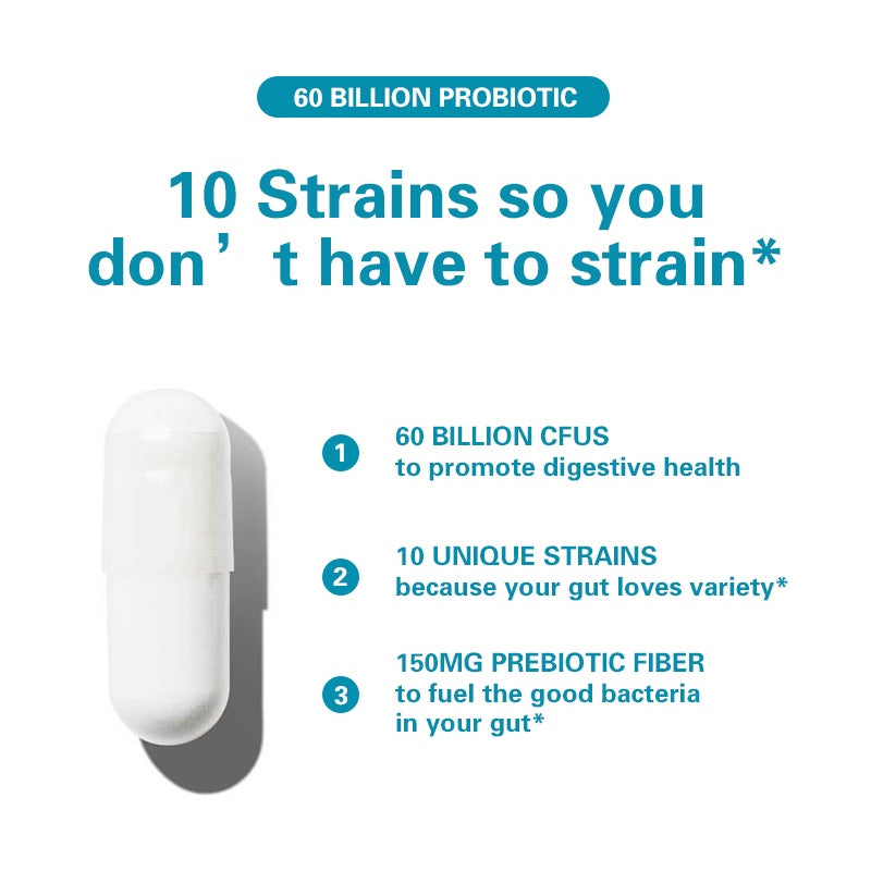60 Billion CFU Probiotic Capsules  Acid-Resistant Stomach-Resistant Formula  Intestinal Delivery Technology  Digestive & Immune Health Support  Daily Gut Wellness Supplement