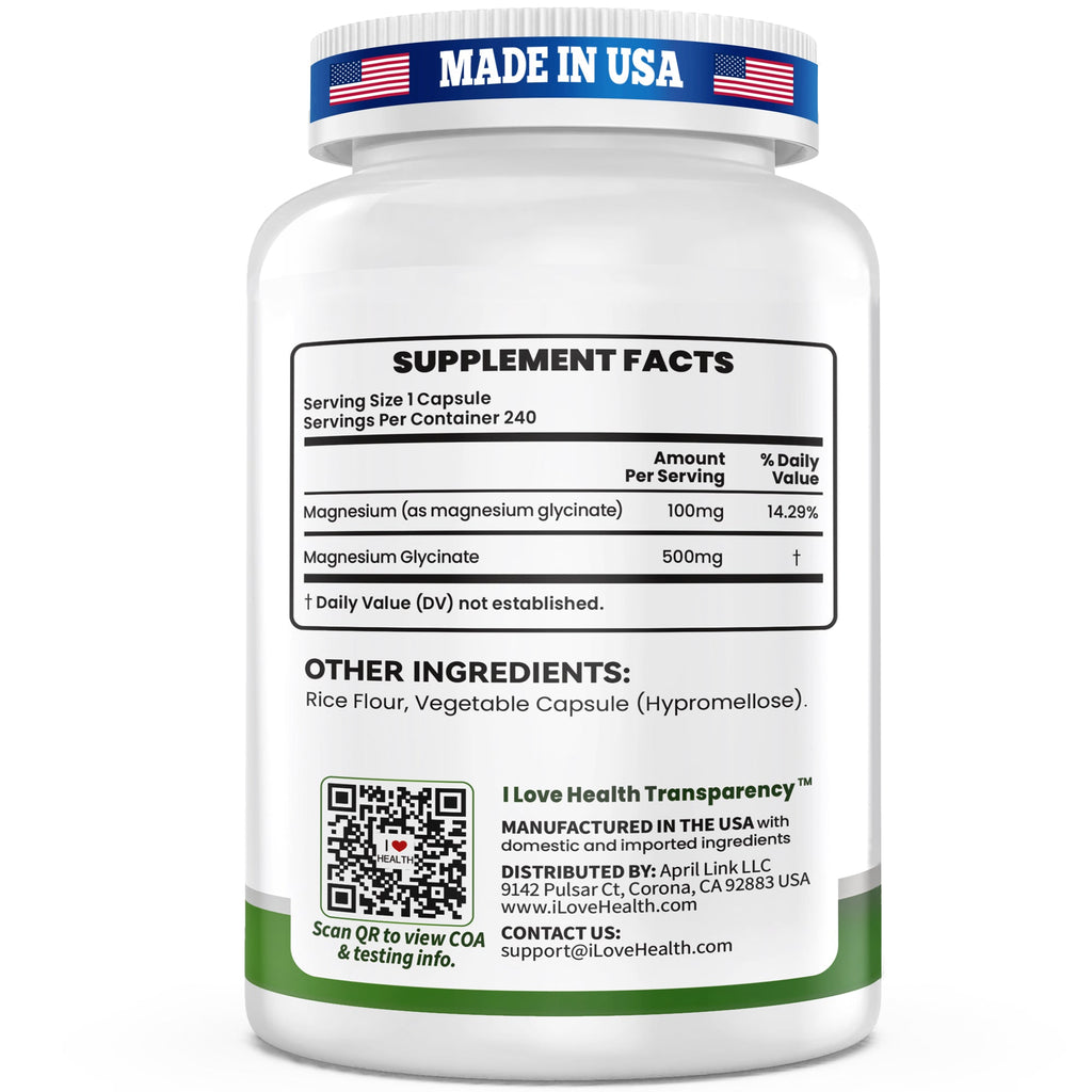 Magnesium Glycinate 500mg per Capsule – 240 Capsules – High Absorption Magnesium Supplement for Relaxation, Calmness & Muscle Support – Gentle on Stomach – Made in USA