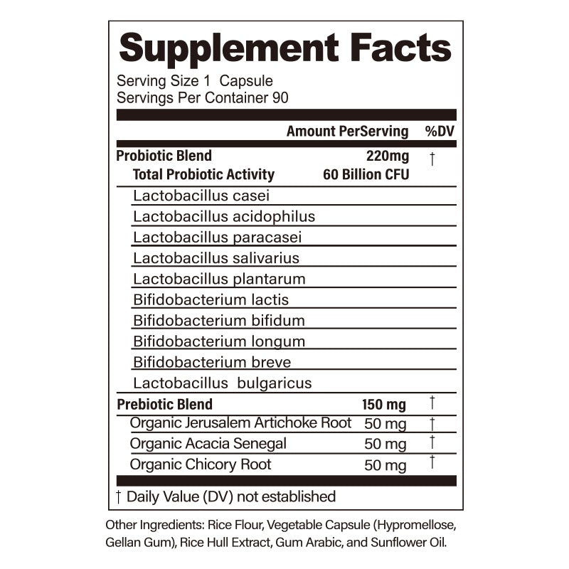 60 Billion CFU Probiotic Capsules  Acid-Resistant Stomach-Resistant Formula  Intestinal Delivery Technology  Digestive & Immune Health Support  Daily Gut Wellness Supplement