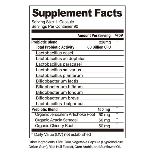 60 Billion CFU Probiotic Capsules  Acid-Resistant Stomach-Resistant Formula  Intestinal Delivery Technology  Digestive & Immune Health Support  Daily Gut Wellness Supplement