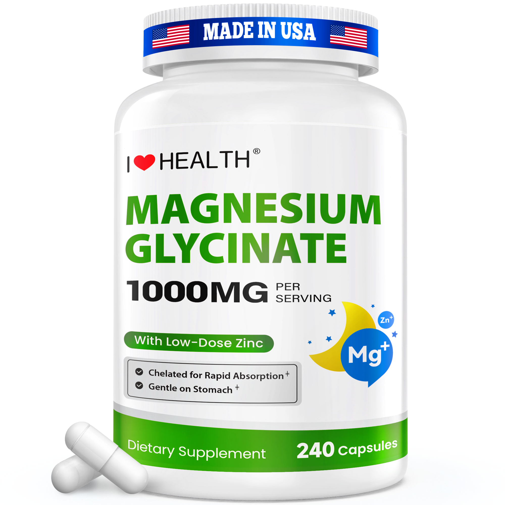 Magnesium Glycinate 500mg per Capsule – 240 Capsules – High Absorption Magnesium Supplement for Relaxation, Calmness & Muscle Support – Gentle on Stomach – Made in USA
