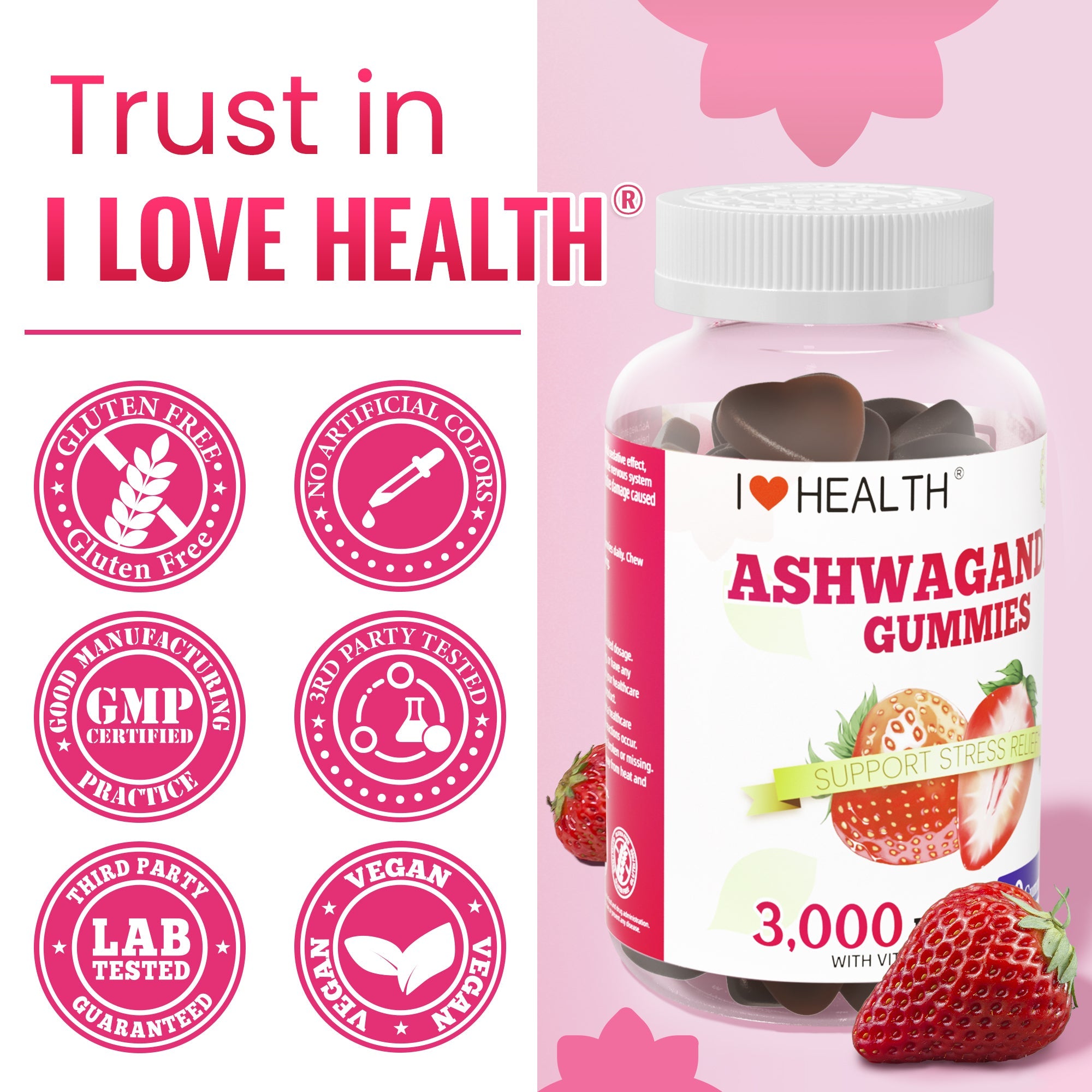 I Love Health Ashwagandha Gummies with Vitamin D2 - 3000mg Ashwagandha Extract (10:1) - Stress Relief, Sleep Support & Mood Calm - Strawberry Flavor - 60 Gummies - Non-GMO, Gluten-Free, 3rd Party Lab Tested, cGMP Certified