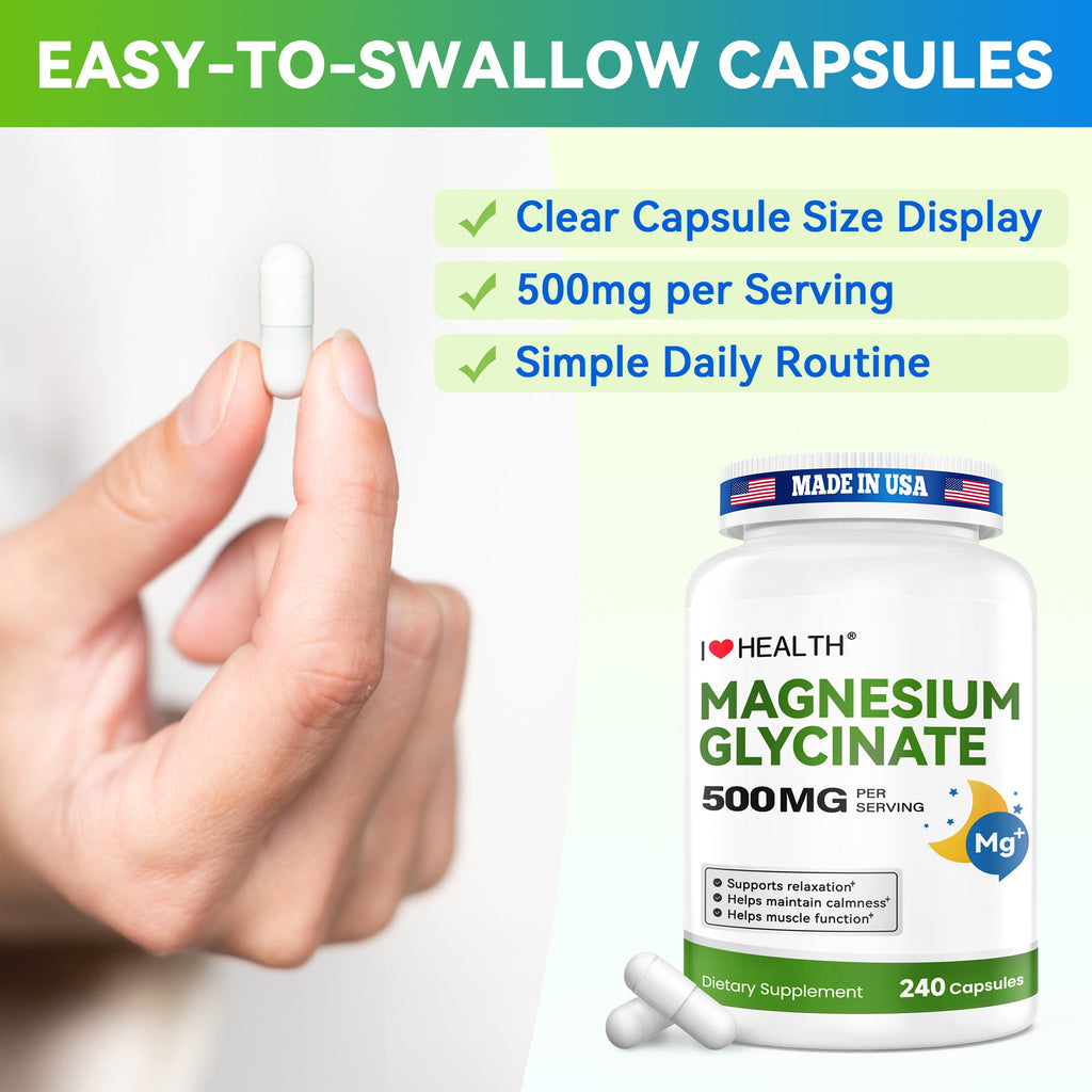 Magnesium Glycinate 500mg per Capsule – 240 Capsules – High Absorption Magnesium Supplement for Relaxation, Calmness & Muscle Support – Gentle on Stomach – Made in USA