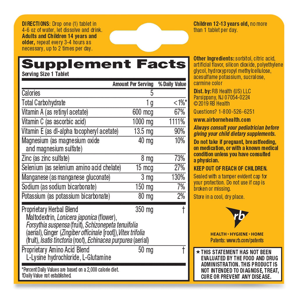 Airborne Immune Support Effervescent Tablet, Zesty Orange, 10/Box