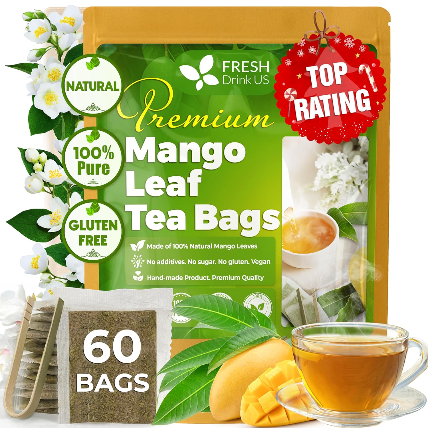 Mango Leaf, Whole Dried Leaves, Tea Bags, Powder, 100% Natural & Pure from Mango Leaves. Mango Dried Leaves. Loose Leaf Mango Herbal Tea. Mango Leaf Tea. No Sugar, No Caffeine, No Gluten, Vegan.