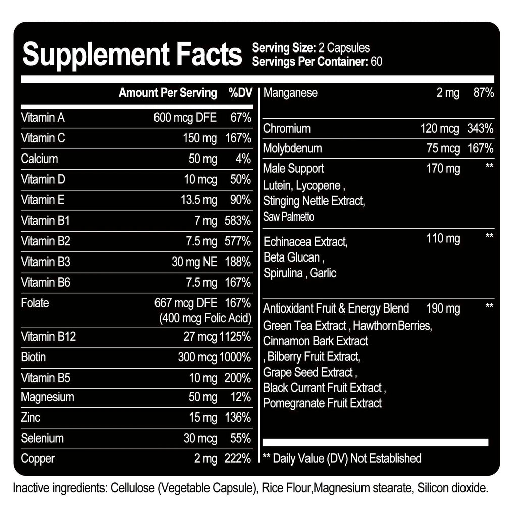 Men's Multivitamin Supplements - Antioxidant, Bone, Immune, Energy, Metabolism, Muscle Function - 120 Capsules