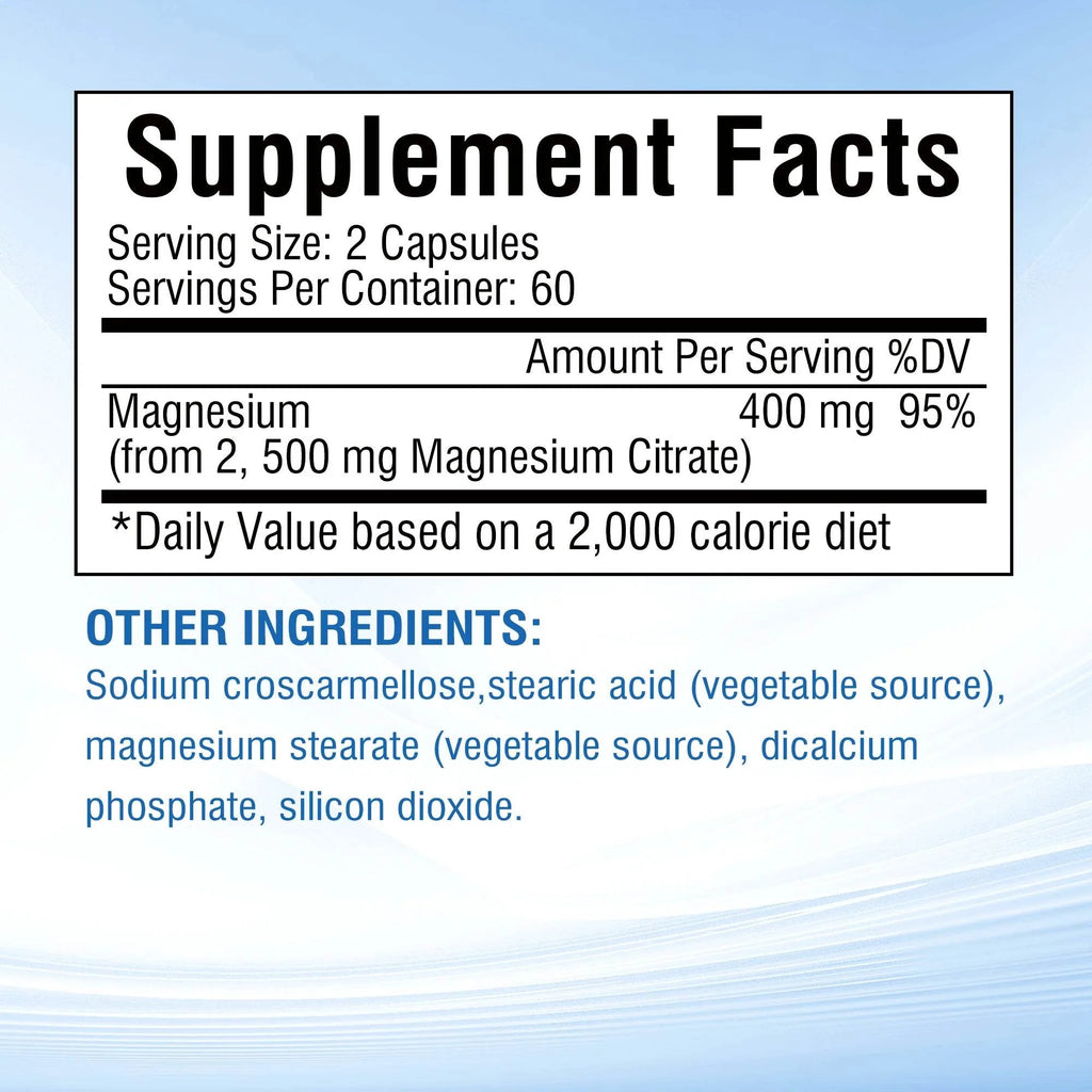 Magnesium Citrate Capsules - for Muscle, Nerve, Bone and Heart Health - 120 Capsules