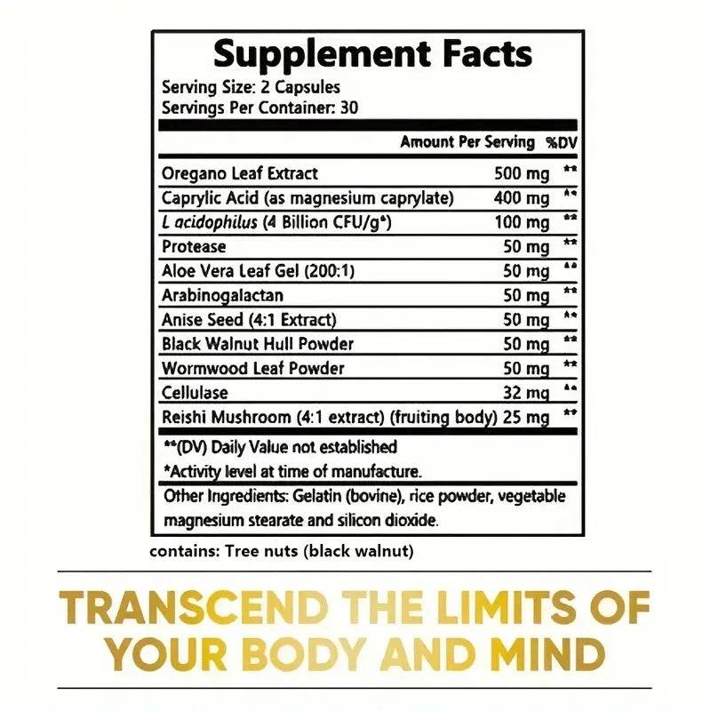 Candida Cleanse -Gut and ColonSupport -for Men & Women -AntiYeast Overgrowth -Oregano Leaf, Wormwood, Black Walnut, caprylic Ac