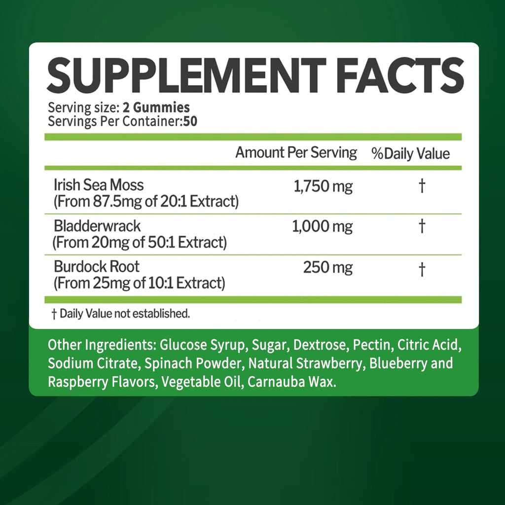 SEAMOSS Gummies - with Bladderwrack, Burdock Root - Immune Health, Healthier Skin & Hair, Detox - 100 Gummies
