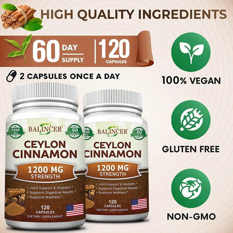 Premium Ceylon Cinnamon 1200 mg Organic All-Natural Supplement for Blood Sugar Levels, Circulation, Brain and Joint Health