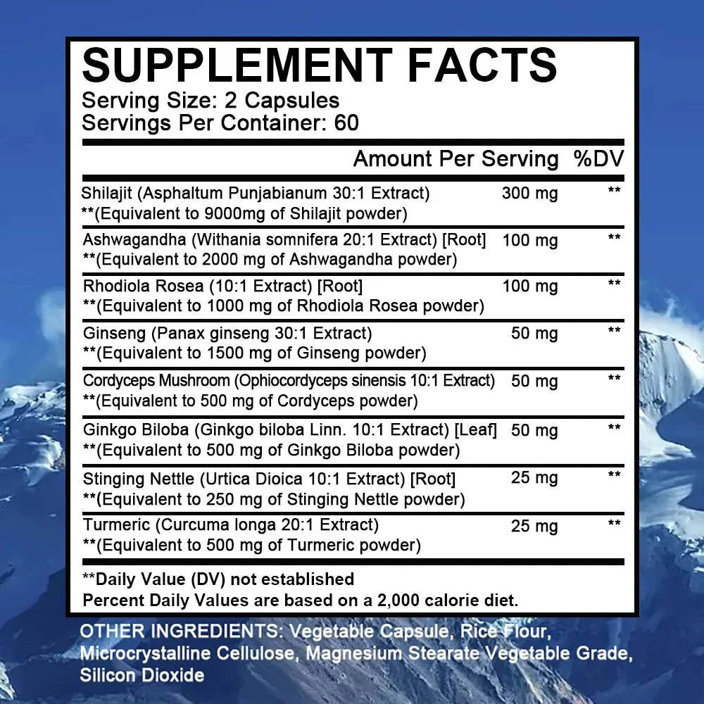 Shilajit Pure Himalayan with Ashwagandha, Rhodiola, Ginseng, Men & Women Supplement - Brain, Energy, Joints, Immunity