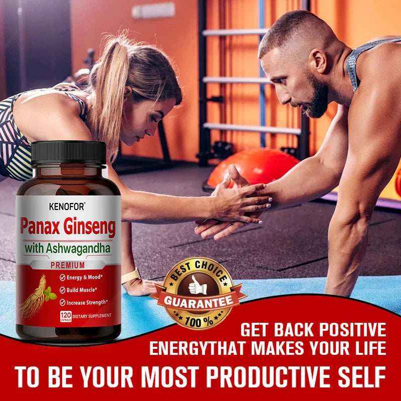 Ginseng and Ashwagandha Extract Supplement - Enhances Energy, Strength, Vitality, and Performance in Men and Women