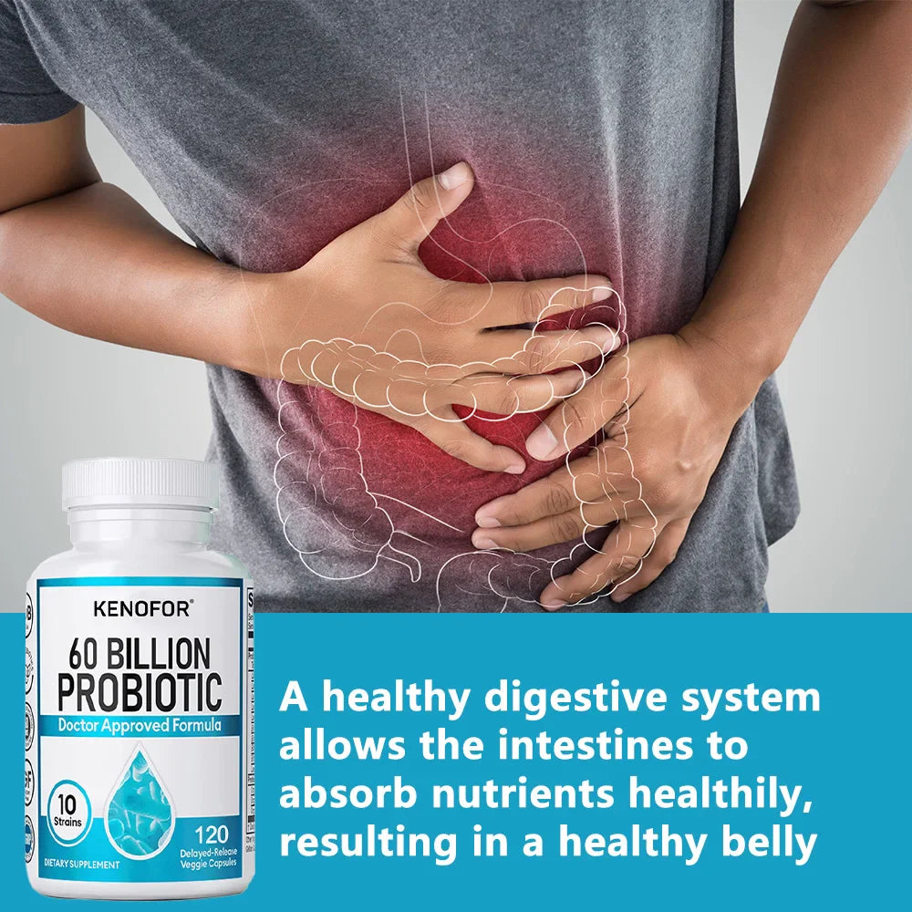 Probiotics 60 Billion CFU - 10 Strains+Organic Prebiotics - Immune, Digestive & Gut Health, Supports Gas, Bloating, 120 Capsules