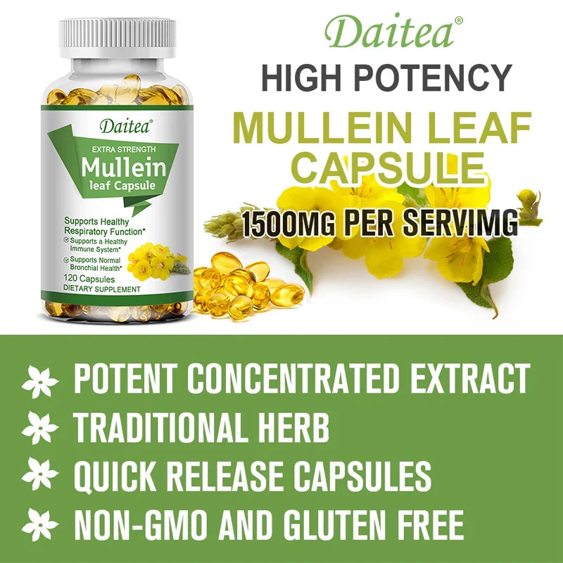 Natural Mullein Leaf Capsules Herbal Supplement for Lung Cleanse, Supports Healthy Respiratory Function, 120 Capsules
