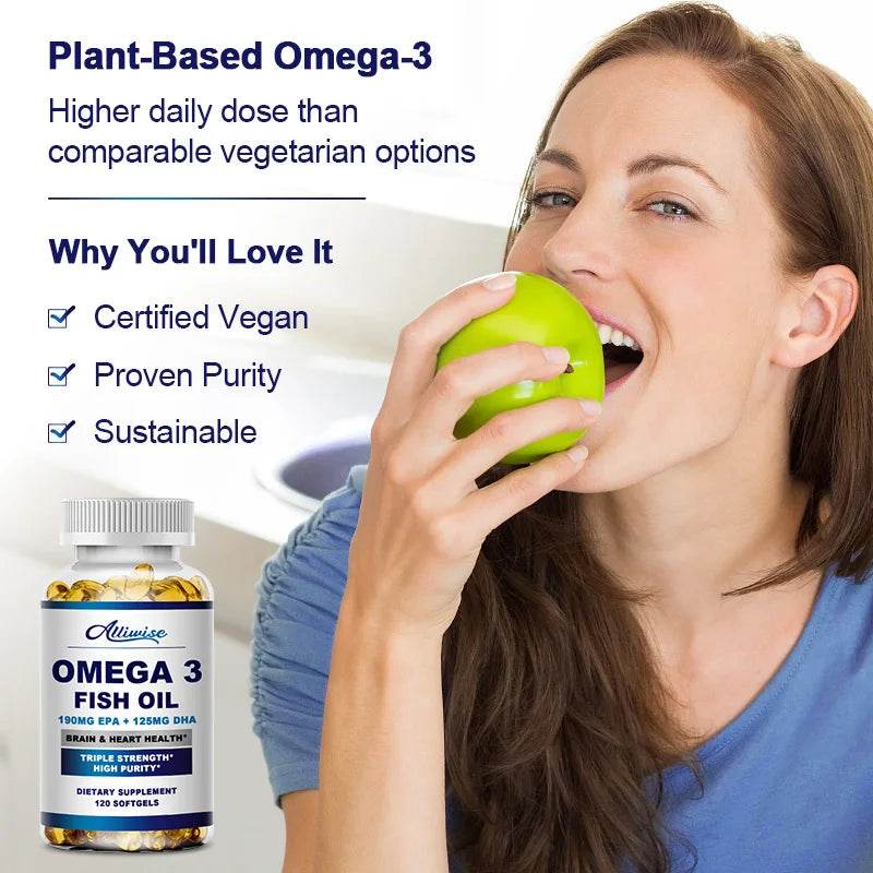 Alliwise Omega 3 Fish Oil Capsules Helps Brain & Cardiovascular System, Relief Eye Fatigue, Improve Cognitive & Learning Ability