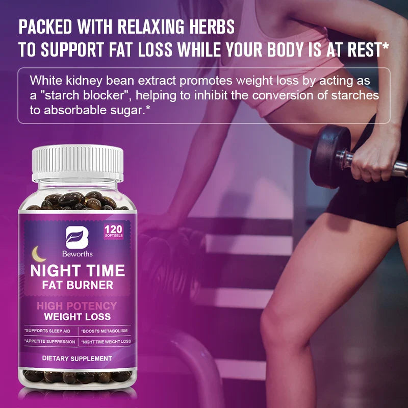 BEWORTHS 60PCS Night Time Fat Burnner Capsule for Women and Men Loss Weight Management Weight Slimming Tool Detox Burning Fat