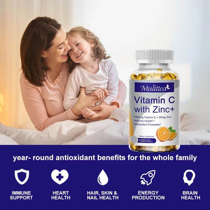 Mulittea Premium Vitamin C and Zinc for Energy Production Improve complexion Brighten skin with daily vitamin supplements