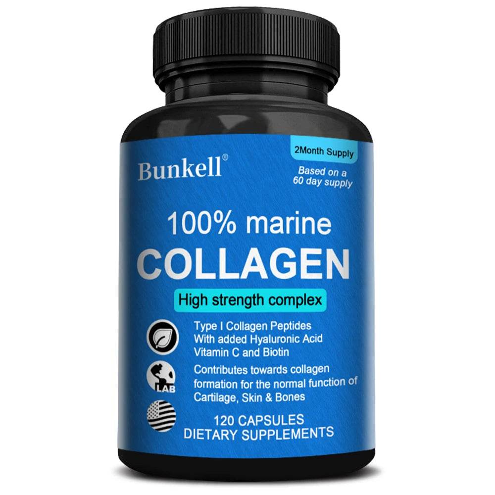 Marine Collagen | with Hyaluronic Acid, Vitamin C and Biotin | High Strength Collagen Supplement for Men and Women 120 Capsules