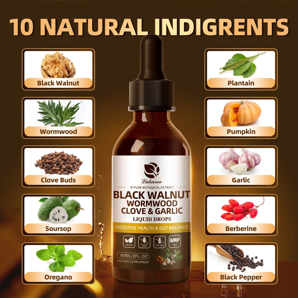 Black Walnut Wormwood Drop,Rapid Gut Cleanse & Digestive Health with Clove Garlic Turmeric 98% Absorption,Vegan Gluten-Free