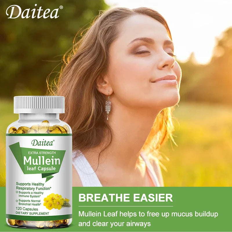 Natural Mullein Leaf Capsules Herbal Supplement for Lung Cleanse, Supports Healthy Respiratory Function, 120 Capsules