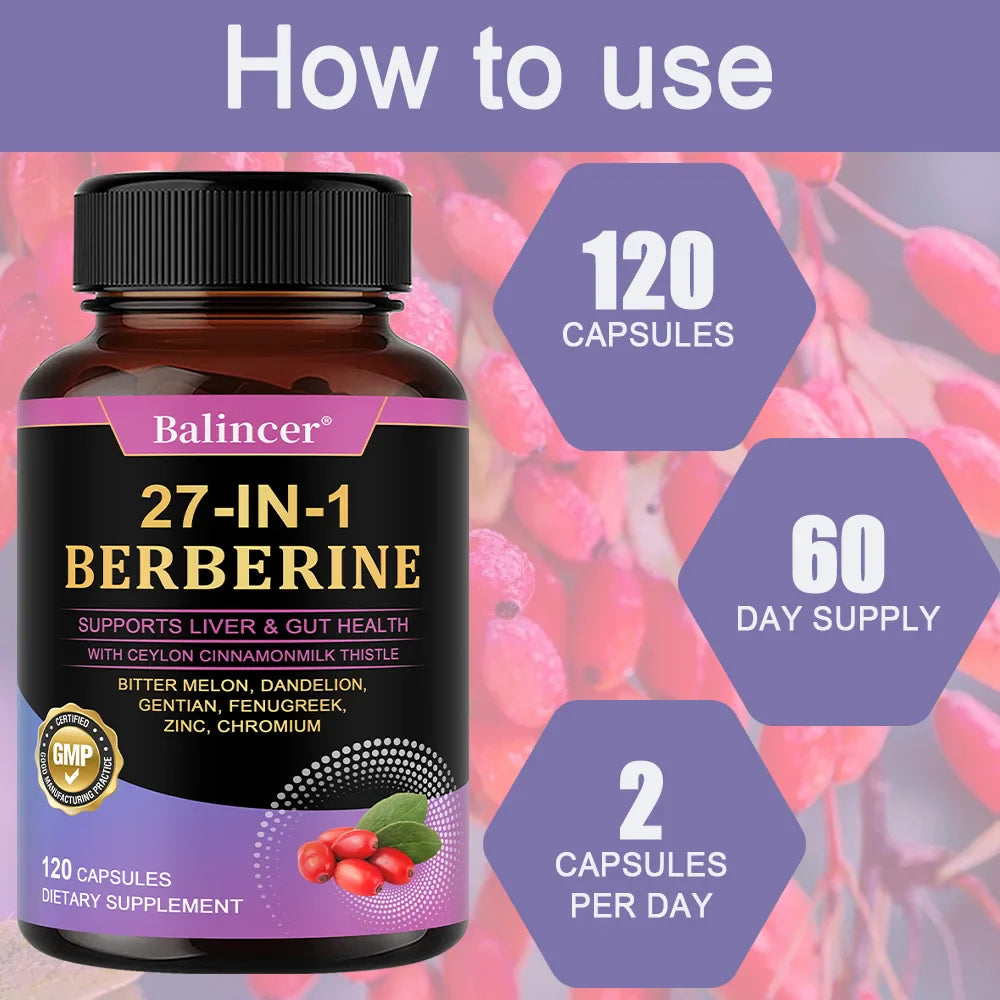 27-IN-1 Berberine 120 Capsules - Contains Ceylon Cinnamon,Milk Thistle - Supports Heart Health, Immune System, Liver & Gut Health