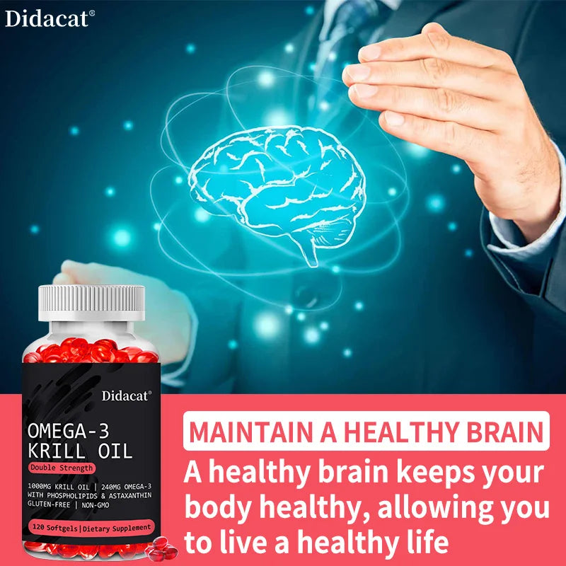 Didacat Omega-3 Krill Oil, Double Strength 1000mg 120 Softgels, Supports Brain Health, Memory, Cognition, Heart and Joint Health