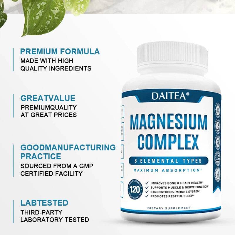 High Absorption Magnesium Complex Capsules - Dietary Supplement for Muscle, Bone, Nerve Health, Non-GMO - 120 Capsules