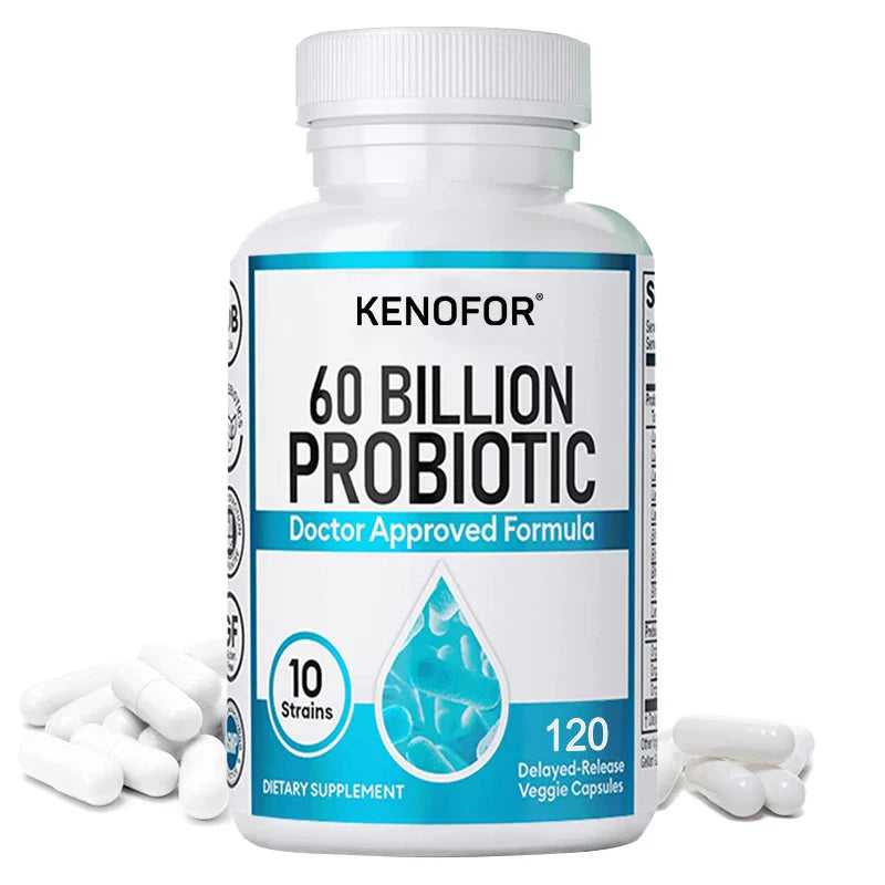 Probiotics 60 Billion CFU - 10 Strains+Organic Prebiotics - Immune, Digestive & Gut Health, Supports Gas, Bloating, 120 Capsules