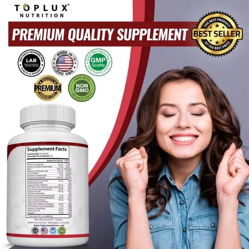 Vitamin C, Vitamin E Supplement, Blood Sugar Complex, Supports Heart Health, Overall Health and Immune System, 60 Capsules