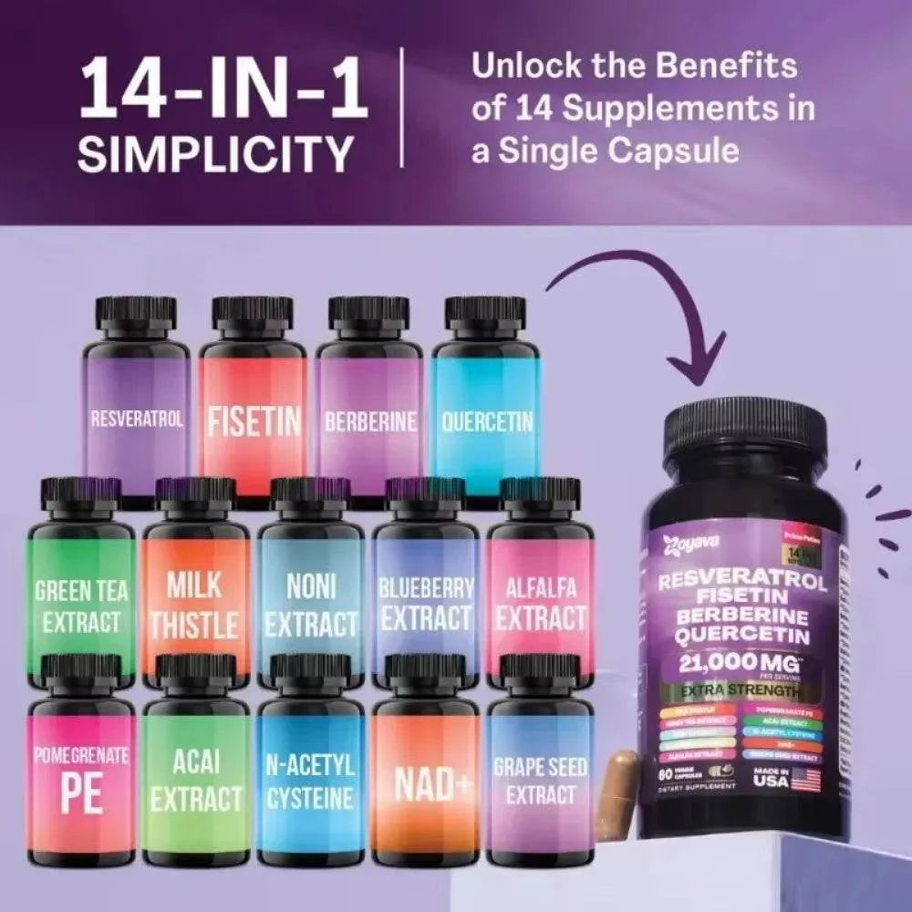 Resveratrol Supplement, Milk Thistle, Berberine, Fisetin, Quercetin, Grape Seed Extract, 60 Capsules, Vitality Enhancer