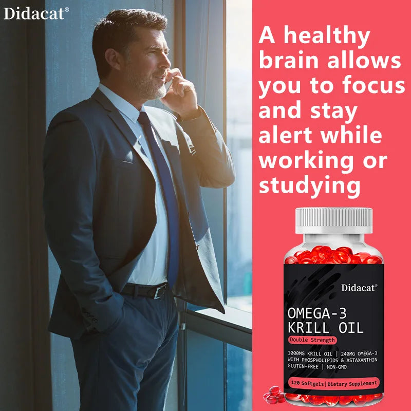 Didacat Omega-3 Krill Oil, Double Strength 1000mg 120 Softgels, Supports Brain Health, Memory, Cognition, Heart and Joint Health