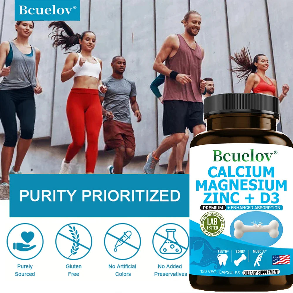 Calcium Magnesium Zinc Vitamin D3 Supplement - Supports Bones, Teeth, Muscles, Nerves, Protein Synthesis, 120 Capsules