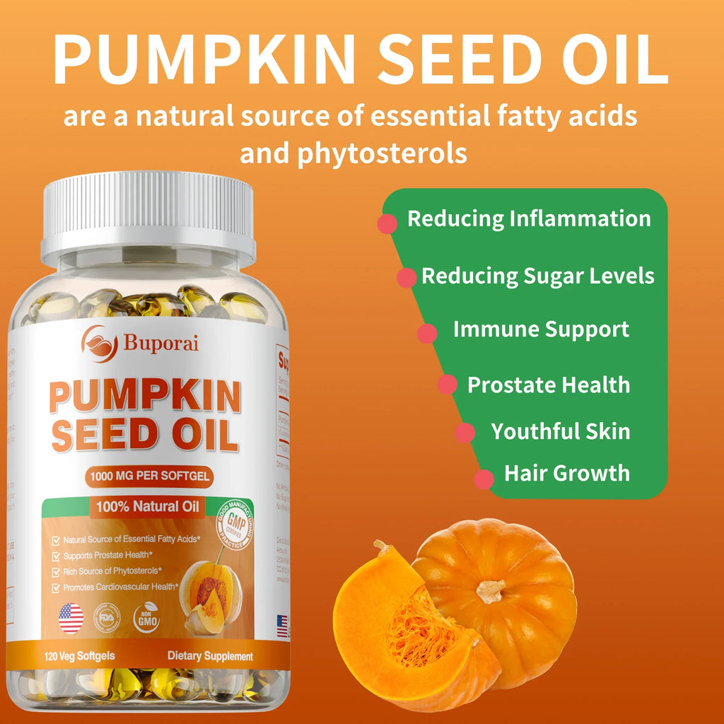 Pumpkin Seed Oil Capsules - Supports Prostate, Bladder,Urinary Tract Health, and Promotes Hair Growth - 120 Capsules