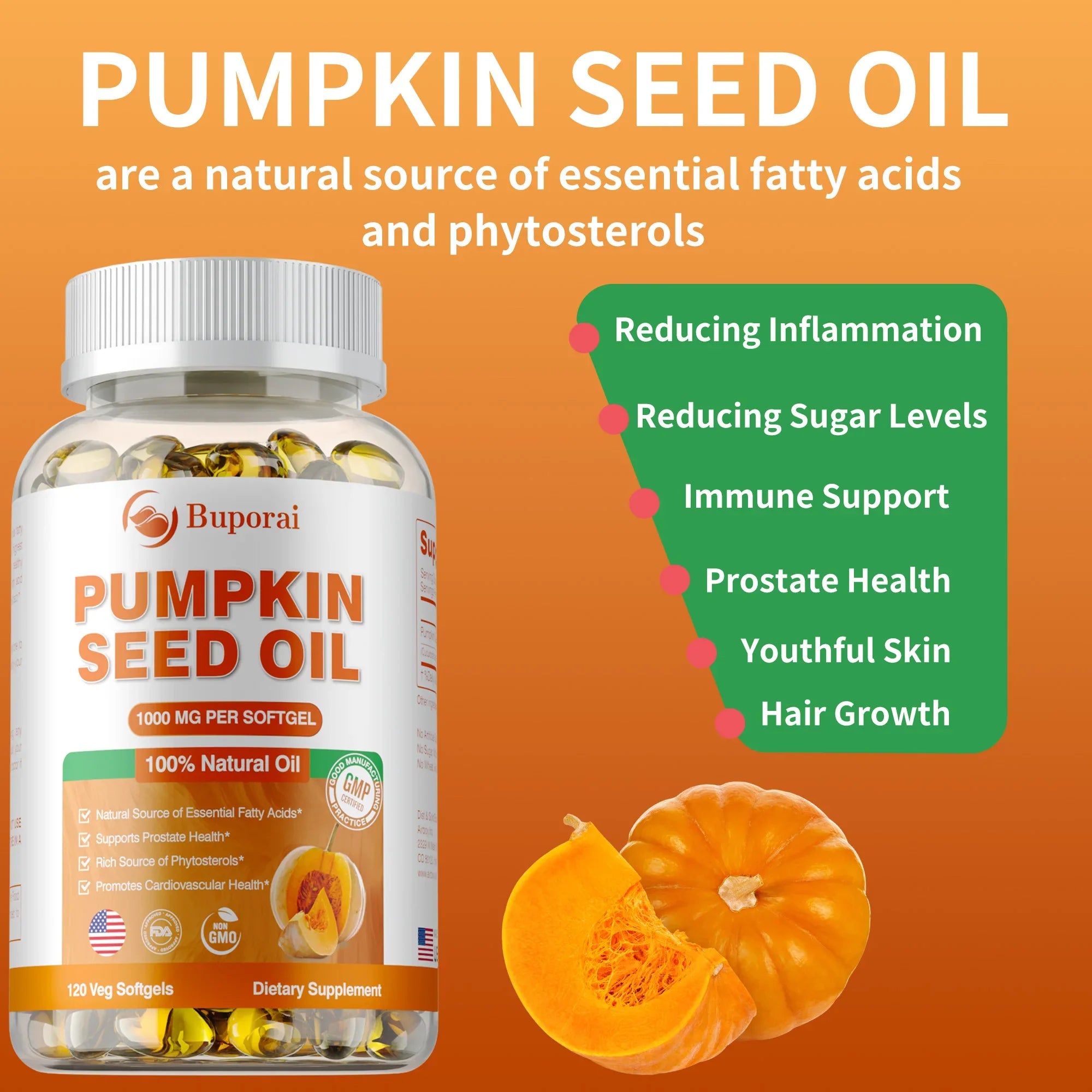 Pumpkin Seed Oil Capsules - Supports Prostate, Bladder,Urinary Tract Health, and Promotes Hair Growth - 120 Capsules
