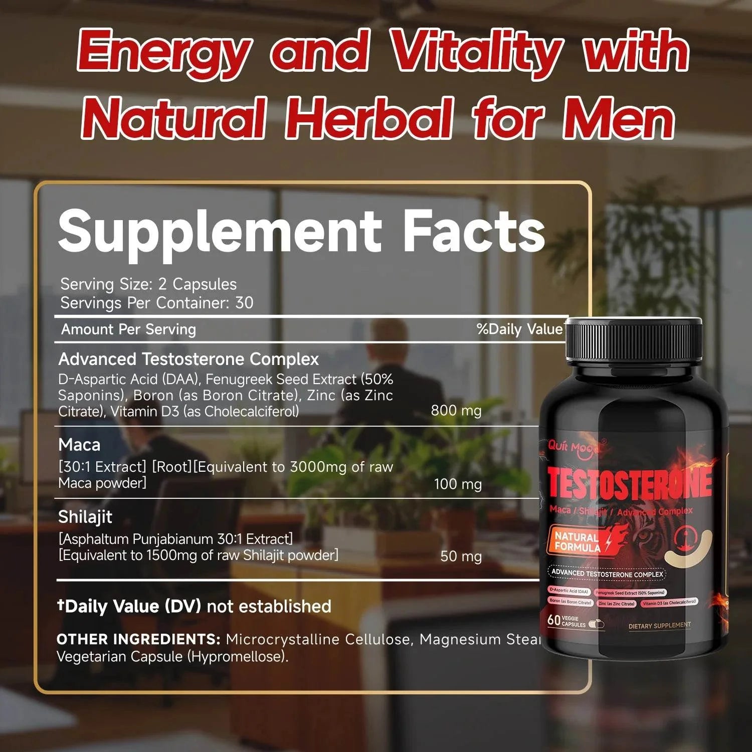 Quit mood Men's Testosterone Capsules | 100mg Maca & 50mg Shilajit & More | Hormone Balance & Stamina Enhancer – 60 Capsules