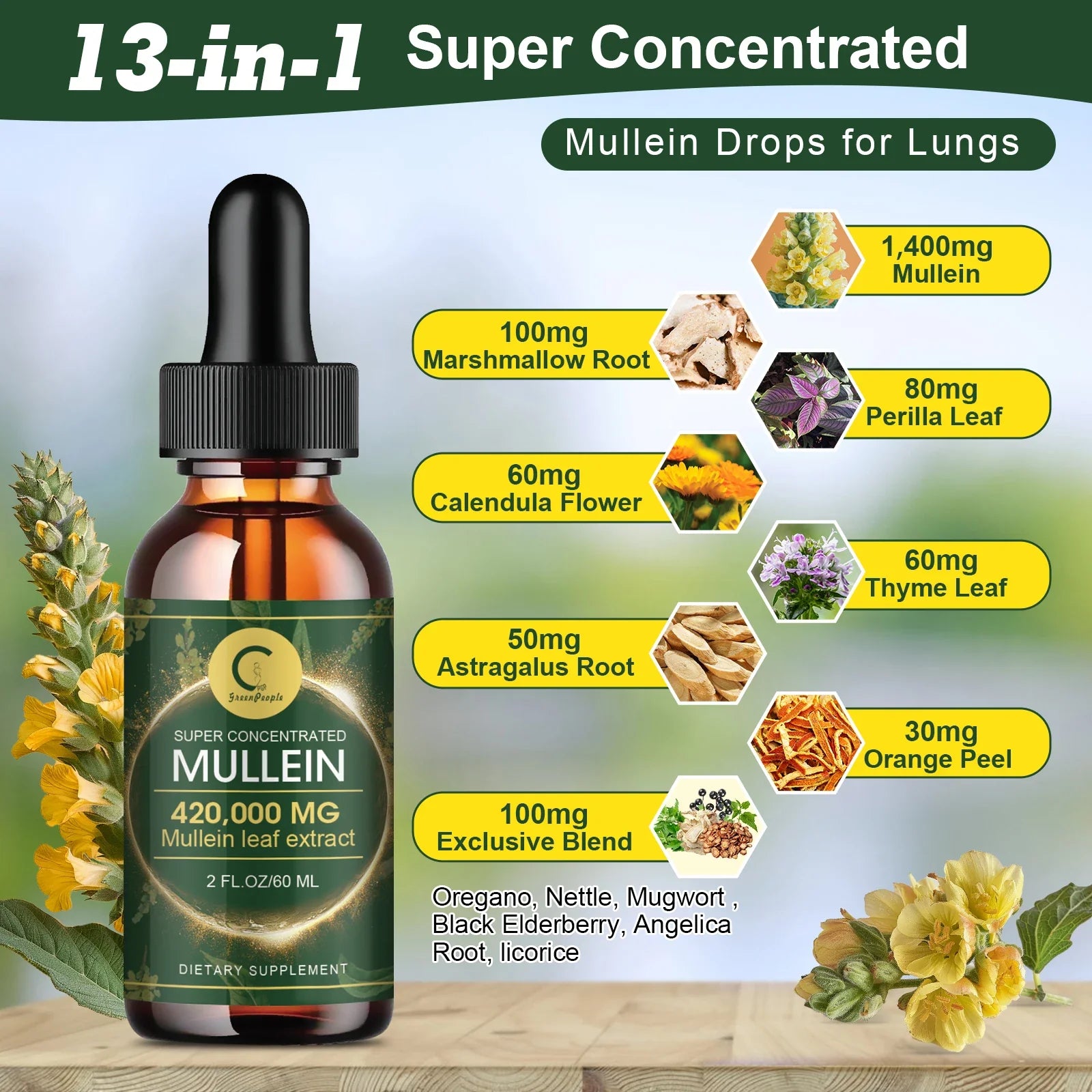 GPGP Greenpeople 60ML Mullein Drops for Lungs Health ,Lung Detox & Cleanse, Support for Respiratory, Immune, Digestive System