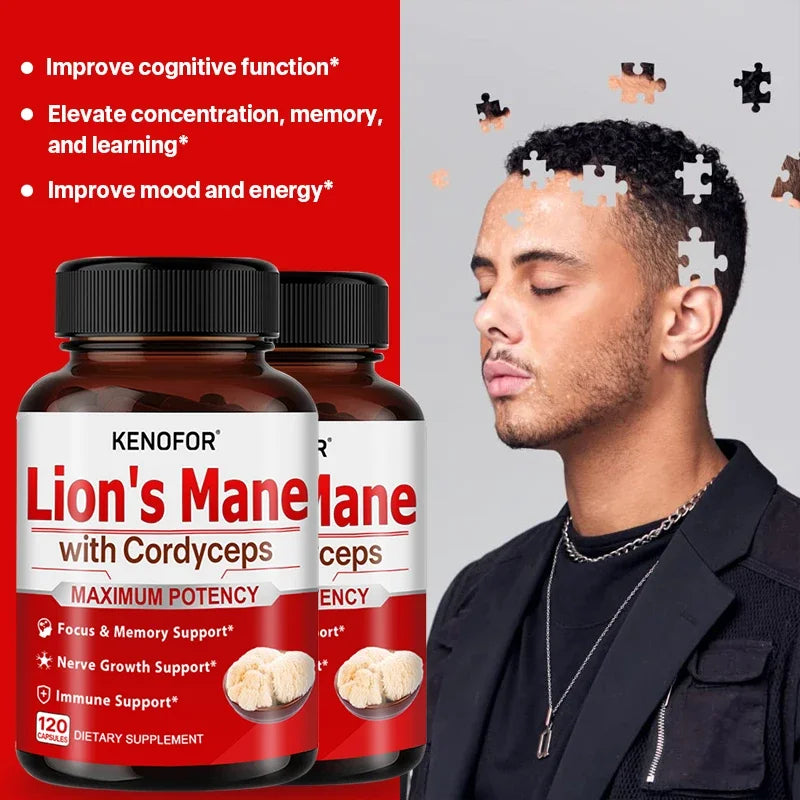 Lion's Mane Cordyceps Extract Cognitive Capsules, enhance memory, improve mental concentration, support immune system balance