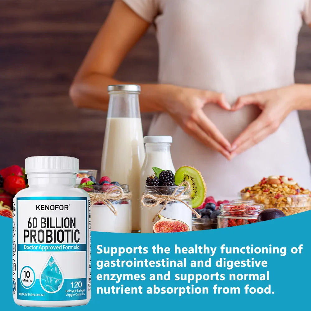 Probiotics 60 Billion CFU - 10 Strains+Organic Prebiotics - Immune, Digestive & Gut Health, Supports Gas, Bloating, 120 Capsules