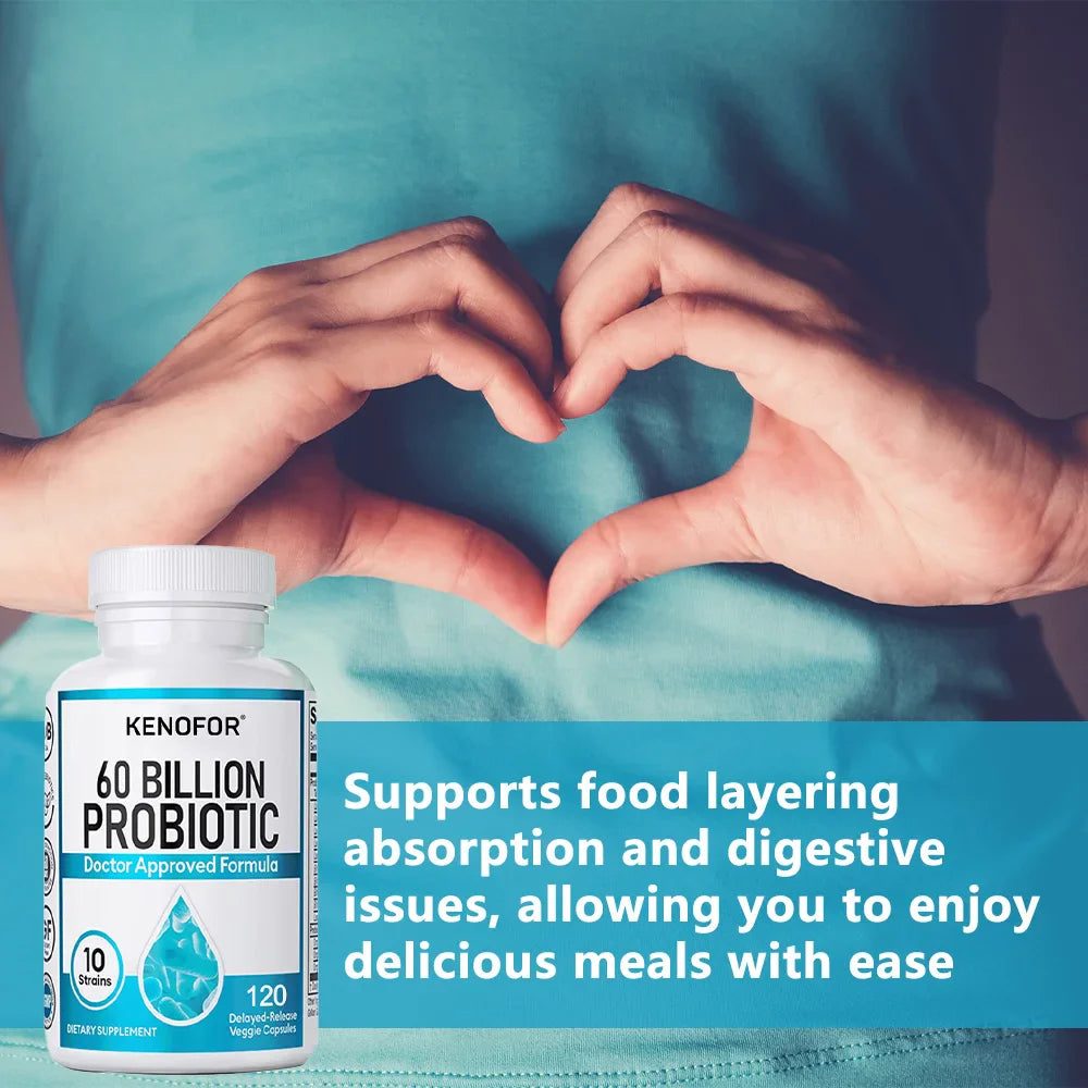 Probiotics 60 Billion CFU - 10 Strains+Organic Prebiotics - Immune, Digestive & Gut Health, Supports Gas, Bloating, 120 Capsules