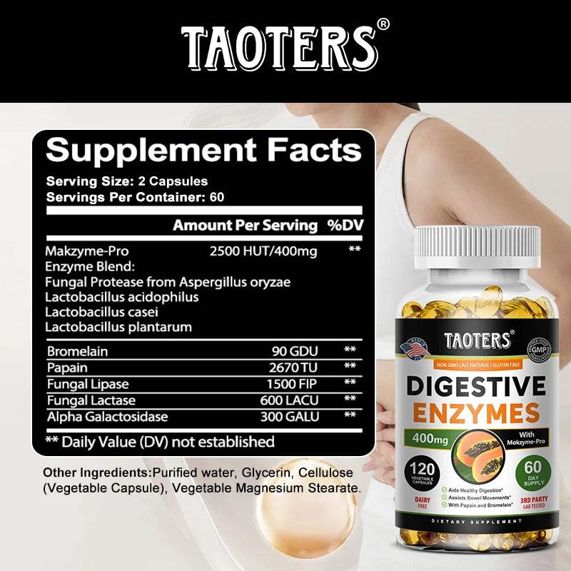 Digestive Enzyme Supplement, Beneficial Bacteria Support Immune, Digestive & Cardiovascular Health, 60 Capsules