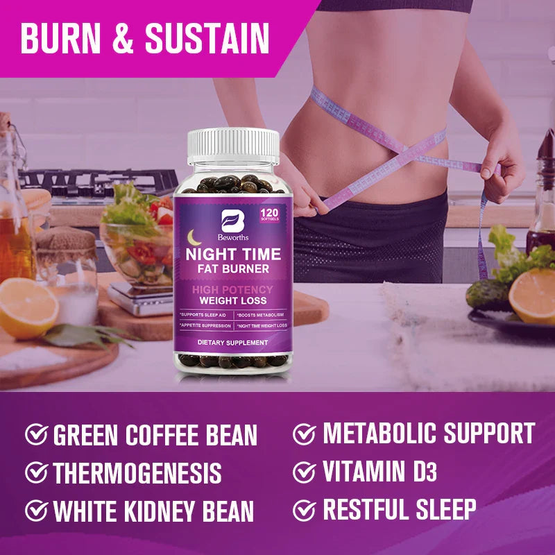 BEWORTHS 60PCS Night Time Fat Burnner Capsule for Women and Men Loss Weight Management Weight Slimming Tool Detox Burning Fat