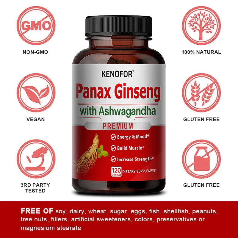 Ginseng and Ashwagandha Extract Supplement - Enhances Energy, Strength, Vitality, and Performance in Men and Women
