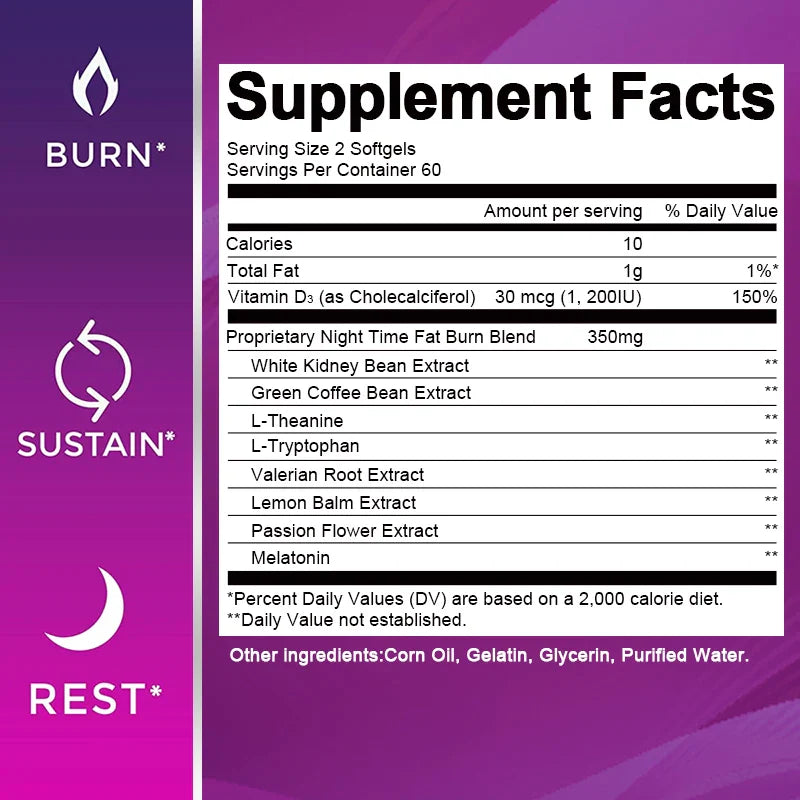BEWORTHS 60PCS Night Time Fat Burnner Capsule for Women and Men Loss Weight Management Weight Slimming Tool Detox Burning Fat