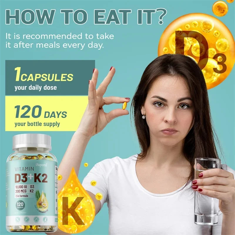 VITAMIN D3&K2 - Natural Ingredient Calcium, Bone, Teeth, Joint & Skin, Immune Support Supplement - 120 Capsules