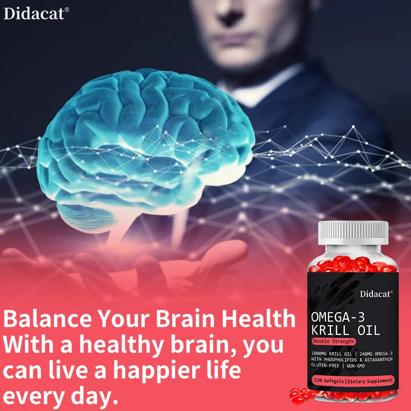 Didacat Omega-3 Krill Oil, Double Strength 1000mg 120 Softgels, Supports Brain Health, Memory, Cognition, Heart and Joint Health