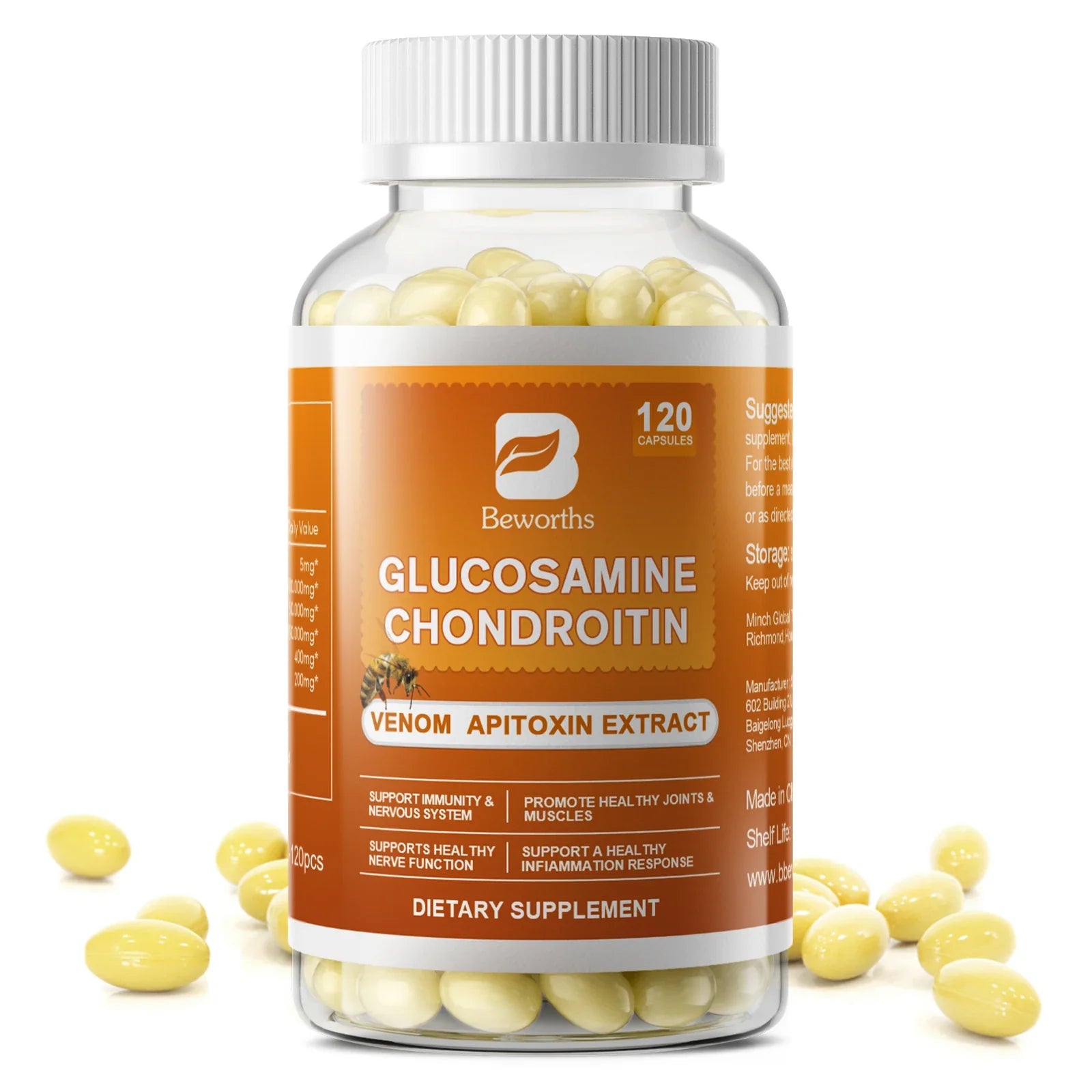 BEWORTHS Glucosamine Chondroitin Bee Venom Extract Capsules for Relieve Joint & Knee Pain Relieve Discomfort of Bones and Joint