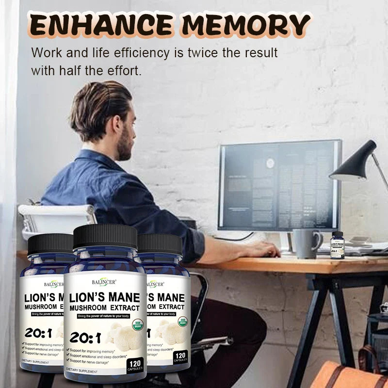 Balincer Lion's Mane Mushroom Extract Supplement for Mood and Sleep Health, Non-GMO, Gluten-free