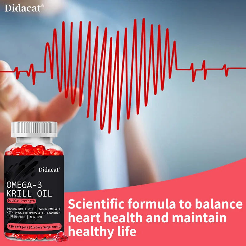 Didacat Omega-3 Krill Oil, Double Strength 1000mg 120 Softgels, Supports Brain Health, Memory, Cognition, Heart and Joint Health