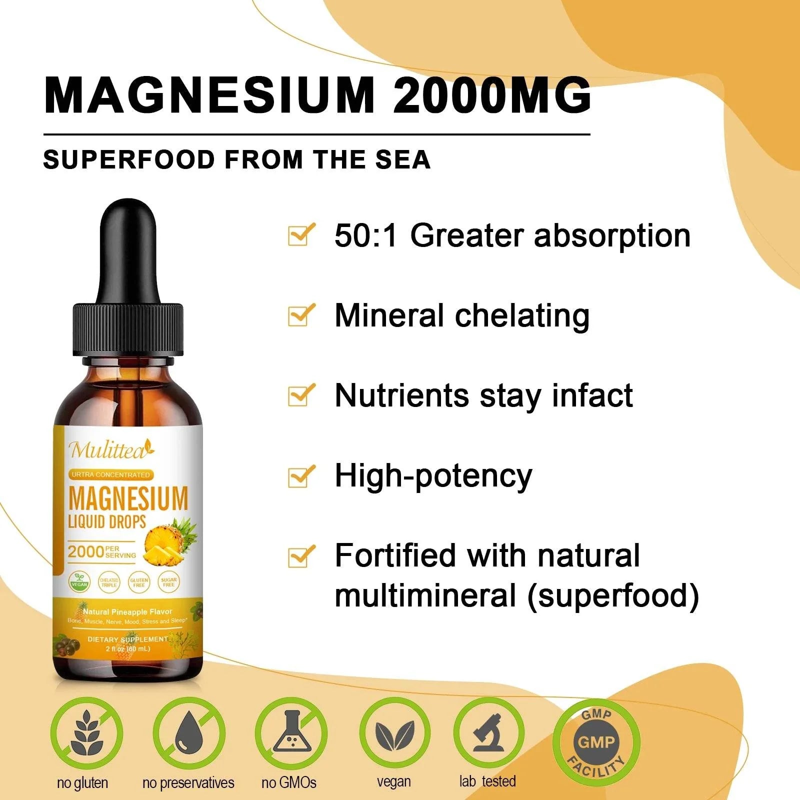 Mulittea Magnesium Glycinate Drops In Pineapple Flavor For Calming Mood, Muscles  Sleep, Promoting Nerves and Relaxation