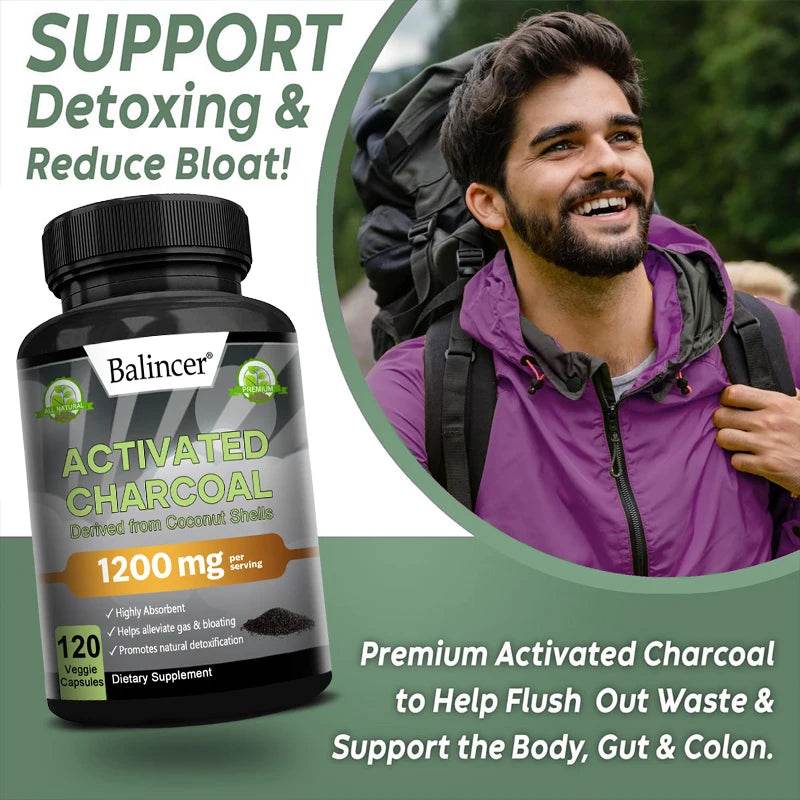 Activated Charcoal Capsules 1,200 Mg - Organic Coconut Shell, Helps Relieve Gas & Bloating, Detox & Bowel, Digestive Supplement